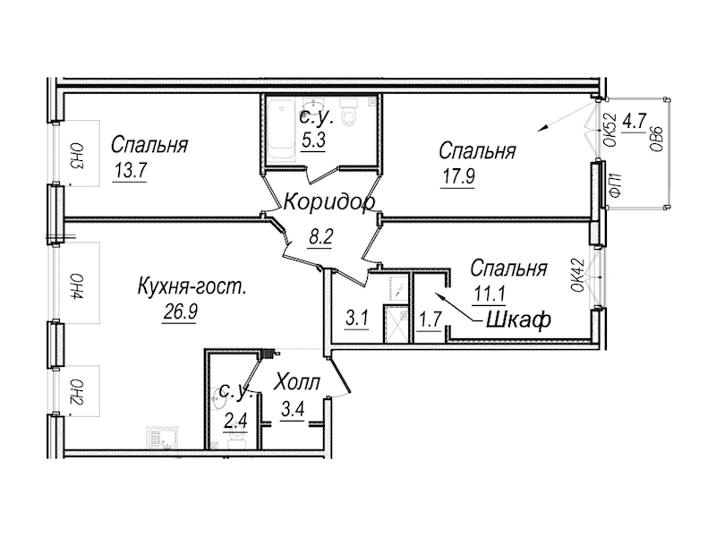 3-комнатная квартира 98.2 м², 7/8 эт., Комплекс апартаментов «Meltzer Hall»